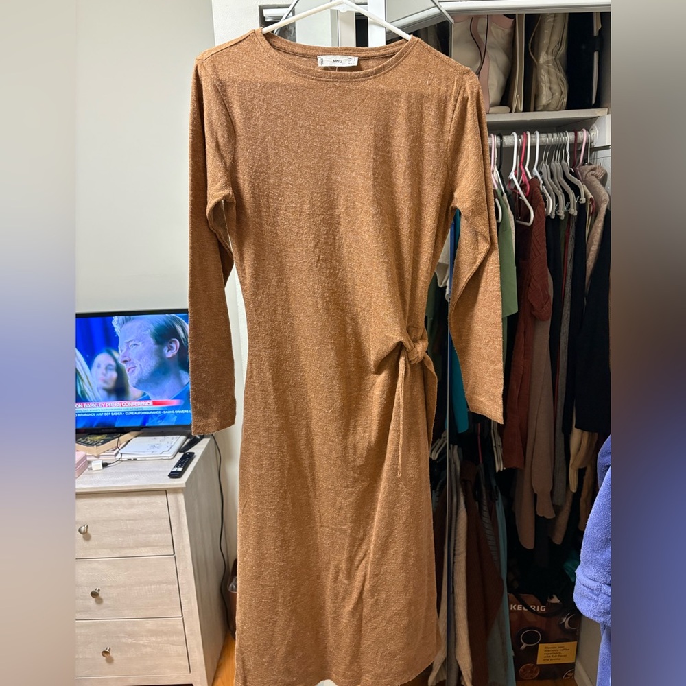 Mango Long-Sleeve Brown Dress with Knot Detail